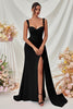 Load image into Gallery viewer, Simple Black Satin Thick Straps Mermaid Long Prom Dress with Side Cape