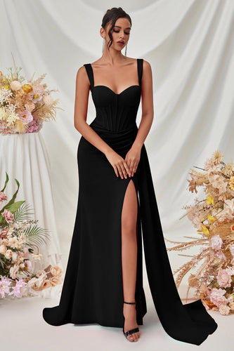 Simple Black Satin Thick Straps Mermaid Long Prom Dress with Side Cape