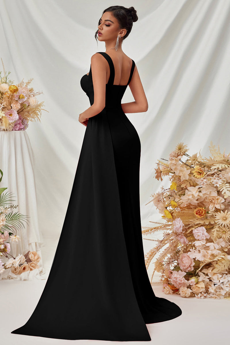 Load image into Gallery viewer, Simple Black Satin Thick Straps Mermaid Long Prom Dress with Side Cape