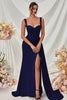 Load image into Gallery viewer, Simple Black Satin Thick Straps Mermaid Long Prom Dress with Side Cape