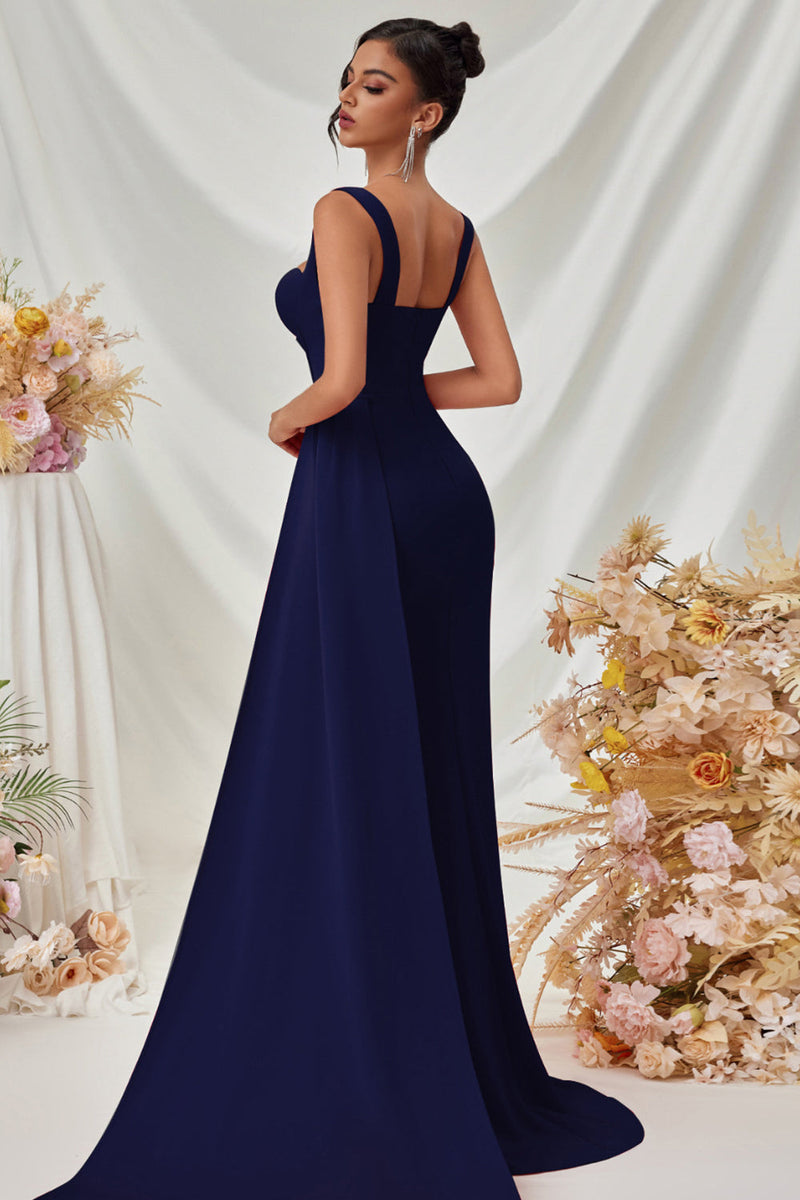 Load image into Gallery viewer, Simple Black Satin Thick Straps Mermaid Long Prom Dress with Side Cape