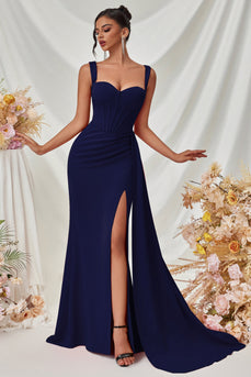 Simple Black Satin Thick Straps Mermaid Long Prom Dress with Side Cape