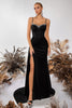 Load image into Gallery viewer, Sparkly Black Mermaid Satin Spaghetti Straps Long Prom Dress with Side Cape