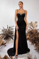 Load image into Gallery viewer, Sparkly Black Mermaid Satin Spaghetti Straps Long Prom Dress with Side Cape