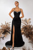 Load image into Gallery viewer, Sparkly Black Mermaid Satin Spaghetti Straps Long Prom Dress with Side Cape