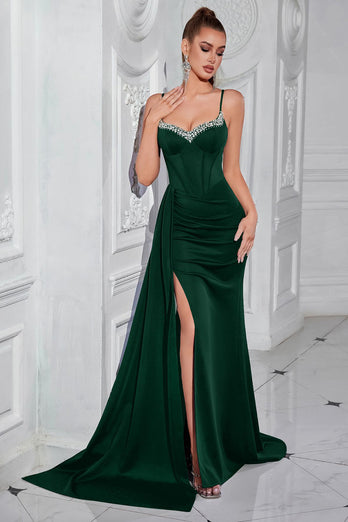 Sparkly Black Mermaid Satin Spaghetti Straps Long Prom Dress with Side Cape
