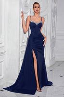 Load image into Gallery viewer, Sparkly Black Mermaid Satin Spaghetti Straps Long Prom Dress with Side Cape