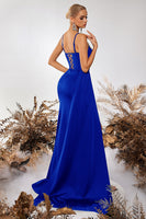 Load image into Gallery viewer, Sparkly Black Mermaid Satin Spaghetti Straps Long Prom Dress with Side Cape