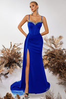 Load image into Gallery viewer, Sparkly Black Mermaid Satin Spaghetti Straps Long Prom Dress with Side Cape