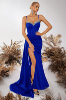 Load image into Gallery viewer, Sparkly Black Mermaid Satin Spaghetti Straps Long Prom Dress with Side Cape