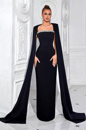 Sparkly Black Sheath Satin Beaded Long Prom Dress with Cape