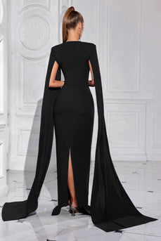 Sparkly Black Sheath Satin Beaded Long Prom Dress with Cape