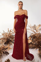 Load image into Gallery viewer, Sparkly Burgundy Off the Shoulder Sequin Long Corset Prom Dress with Slit