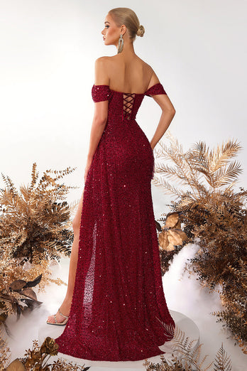 Sparkly Burgundy Off the Shoulder Sequin Long Corset Prom Dress with Slit