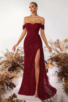 Load image into Gallery viewer, Sparkly Burgundy Off the Shoulder Sequin Long Corset Prom Dress with Slit