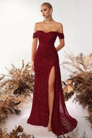 Load image into Gallery viewer, Sparkly Burgundy Off the Shoulder Sequin Long Corset Prom Dress with Slit