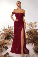 Load image into Gallery viewer, Sparkly Burgundy Off the Shoulder Sequin Long Corset Prom Dress with Slit