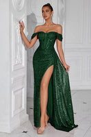 Load image into Gallery viewer, Sparkly Burgundy Off the Shoulder Sequin Long Corset Prom Dress with Slit