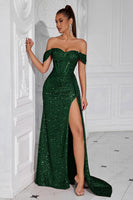 Load image into Gallery viewer, Sparkly Burgundy Off the Shoulder Sequin Long Corset Prom Dress with Slit