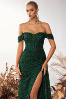 Load image into Gallery viewer, Sparkly Burgundy Off the Shoulder Sequin Long Corset Prom Dress with Slit