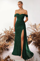Load image into Gallery viewer, Sparkly Burgundy Off the Shoulder Sequin Long Corset Prom Dress with Slit