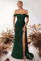 Load image into Gallery viewer, Sparkly Burgundy Off the Shoulder Sequin Long Corset Prom Dress with Slit