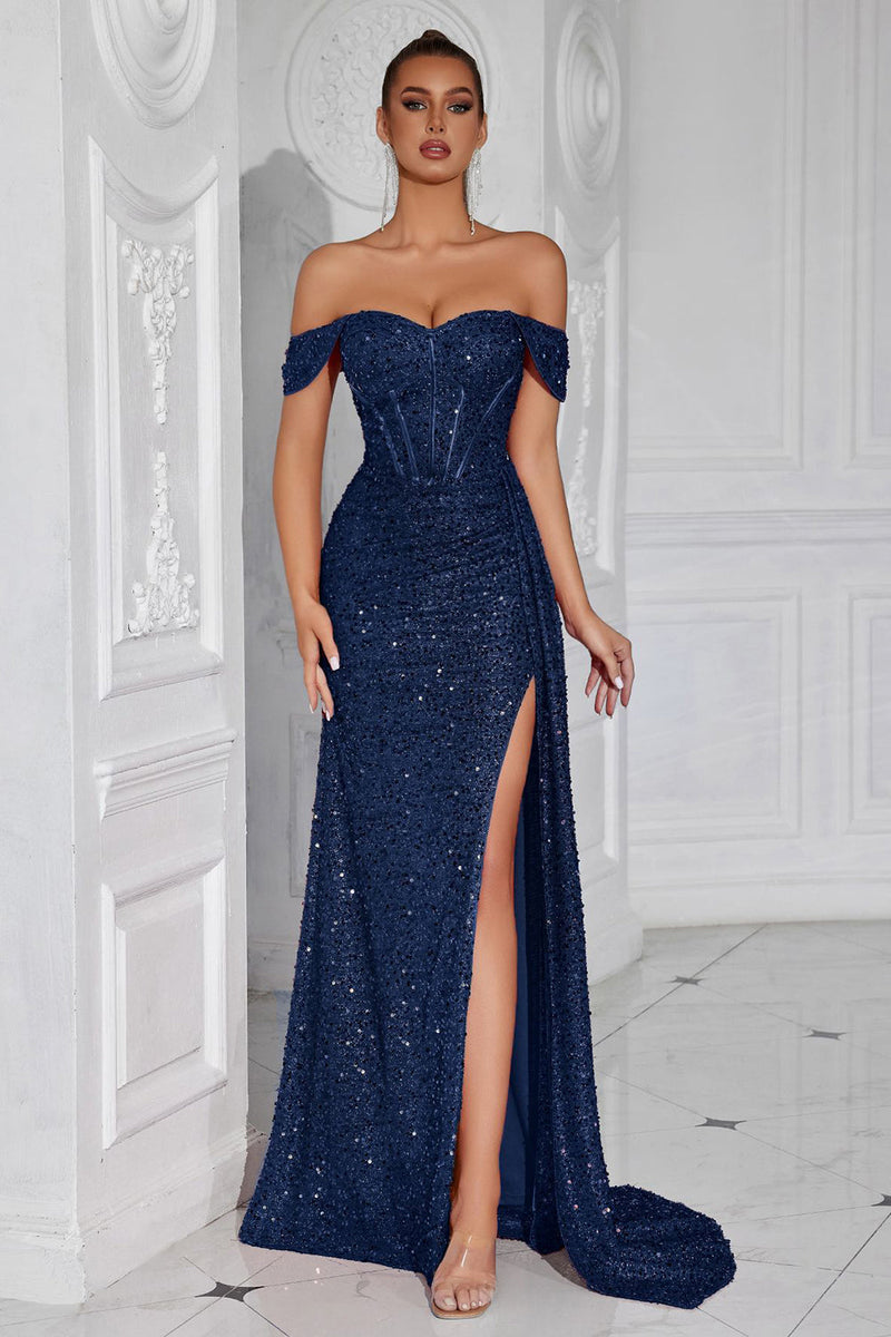 Load image into Gallery viewer, Sparkly Burgundy Off the Shoulder Sequin Long Corset Prom Dress with Slit