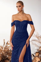 Load image into Gallery viewer, Sparkly Burgundy Off the Shoulder Sequin Long Corset Prom Dress with Slit
