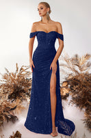 Load image into Gallery viewer, Sparkly Burgundy Off the Shoulder Sequin Long Corset Prom Dress with Slit