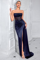 Load image into Gallery viewer, Navy Satin Mermaid Strapless Long Corset Prom Dress with Slit