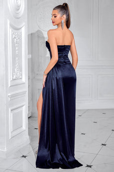 Navy Satin Mermaid Strapless Long Corset Prom Dress with Slit