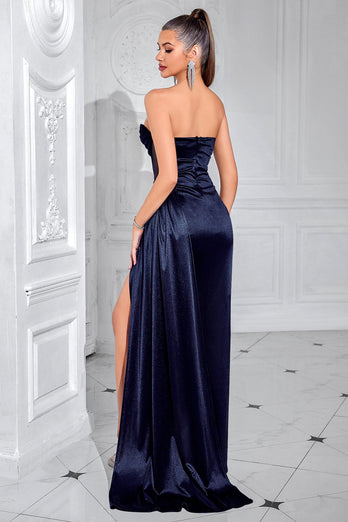 Navy Satin Mermaid Strapless Long Corset Prom Dress with Slit