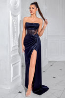 Load image into Gallery viewer, Navy Satin Mermaid Strapless Long Corset Prom Dress with Slit