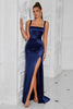 Load image into Gallery viewer, Simple Navy Satin Ruched Mermaid Thick Straps Long Prom Dress with Slit