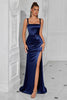 Load image into Gallery viewer, Simple Navy Satin Ruched Mermaid Thick Straps Long Prom Dress with Slit