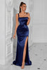 Load image into Gallery viewer, Simple Navy Satin Ruched Mermaid Thick Straps Long Prom Dress with Slit