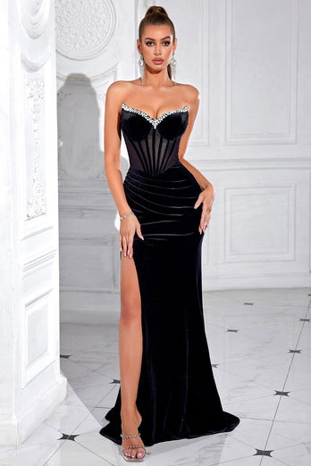 Sparkly Black Mermaid Beaded Long Corset Prom Dress with Slit