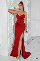 Load image into Gallery viewer, Simple Red Mermaid Strapless Long Corset Prom Dress with Slit