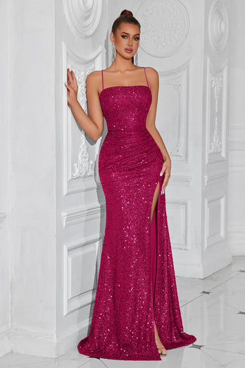 Sparkly Golden Spaghetti Straps Sequin Long Prom Dress with Slit