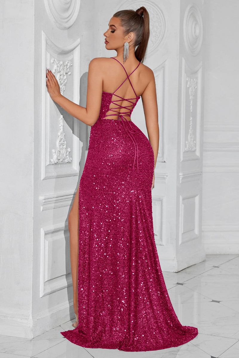 Load image into Gallery viewer, Sparkly Golden Spaghetti Straps Sequin Long Prom Dress with Slit