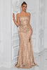 Load image into Gallery viewer, Sparkly Golden Spaghetti Straps Sequin Long Prom Dress with Slit