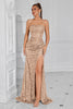 Load image into Gallery viewer, Sparkly Golden Spaghetti Straps Sequin Long Prom Dress with Slit