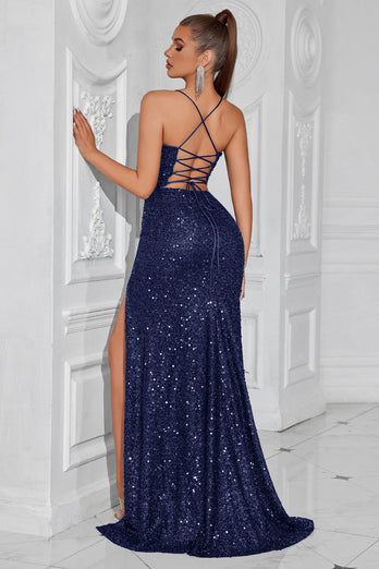 Sparkly Golden Spaghetti Straps Sequin Long Prom Dress with Slit
