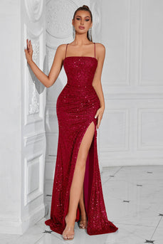 Sparkly Golden Spaghetti Straps Sequin Long Prom Dress with Slit
