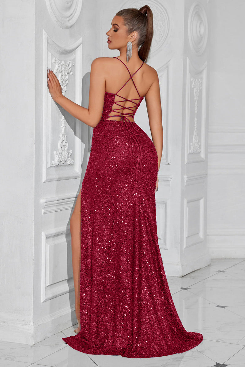 Load image into Gallery viewer, Sparkly Golden Spaghetti Straps Sequin Long Prom Dress with Slit