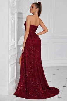 Sparkly Burgundy Sweetheart Sequin Ruched Long Prom Dress with Side Cape