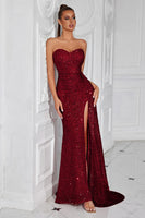 Load image into Gallery viewer, Sparkly Burgundy Sweetheart Sequin Ruched Long Prom Dress with Side Cape