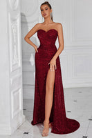 Load image into Gallery viewer, Sparkly Burgundy Sweetheart Sequin Ruched Long Prom Dress with Side Cape