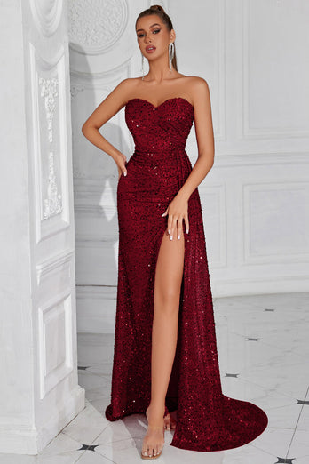 Sparkly Burgundy Sweetheart Sequin Ruched Long Prom Dress with Side Cape