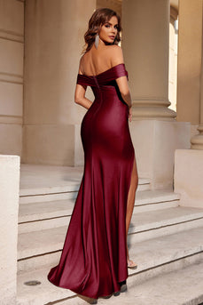 Simple Burgundy Mermaid Off the Shoulder Ruched Long Prom Dress with Slit